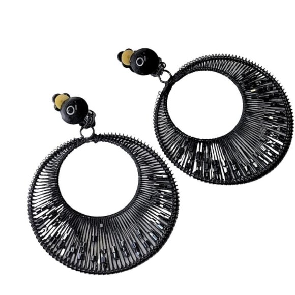 Black Beaded Round Clip On Earrings - Picture 1 of 10